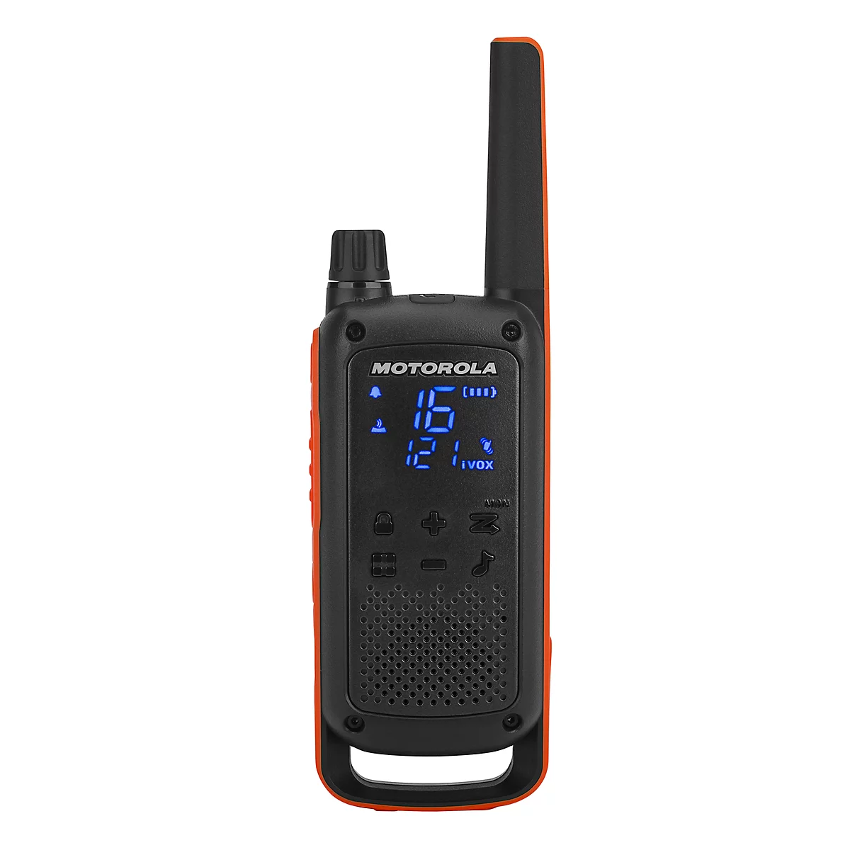 Black Motorola radio with orange accents. Digits in blue are visible on the display.
