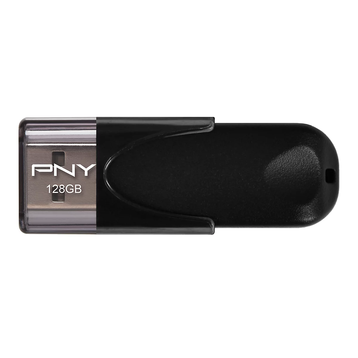 Une clé USB noire avec l'inscription "PNY 128GB".