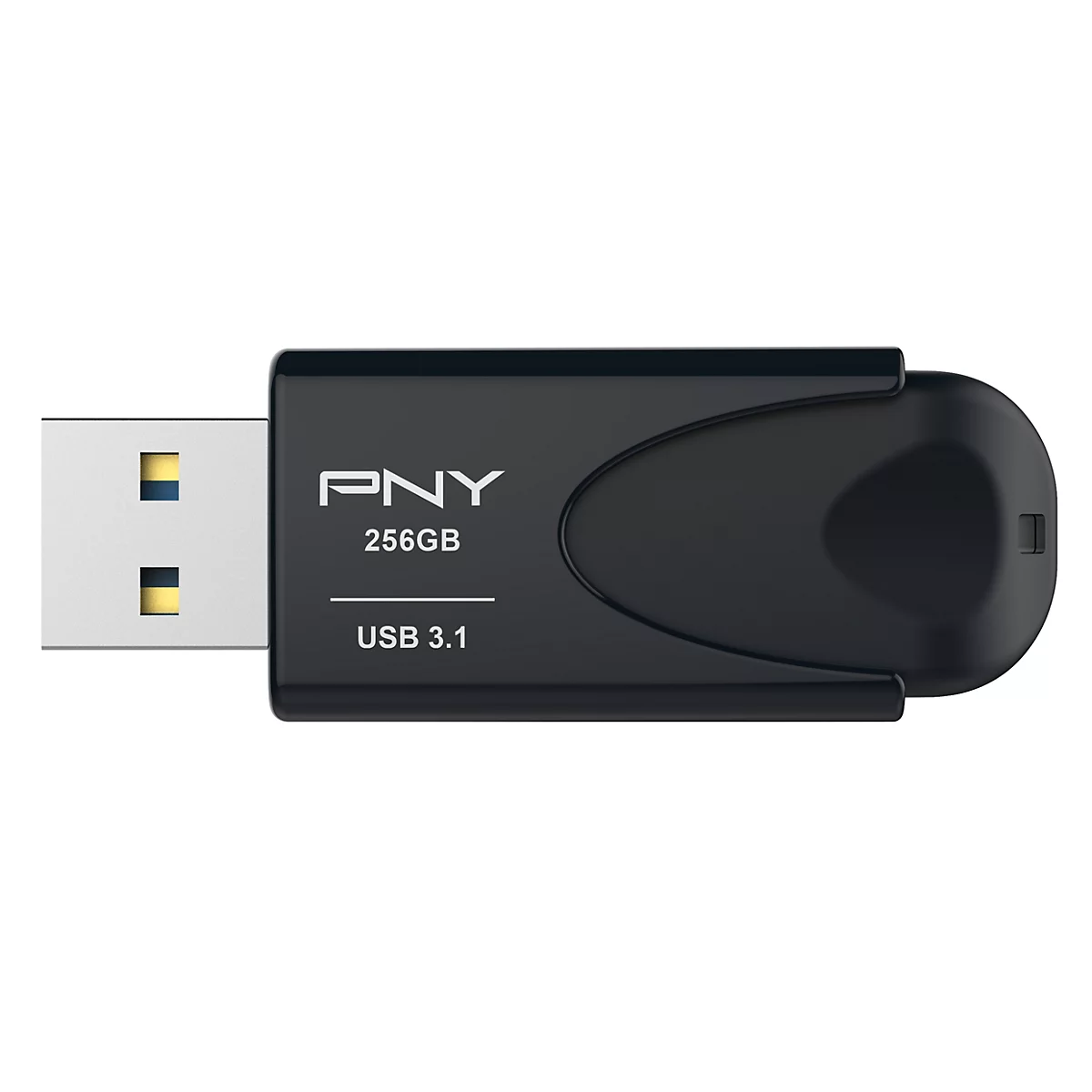 Une clé USB noire PNY, avec le texte 256 Go et USB 3.1, sur fond blanc.
