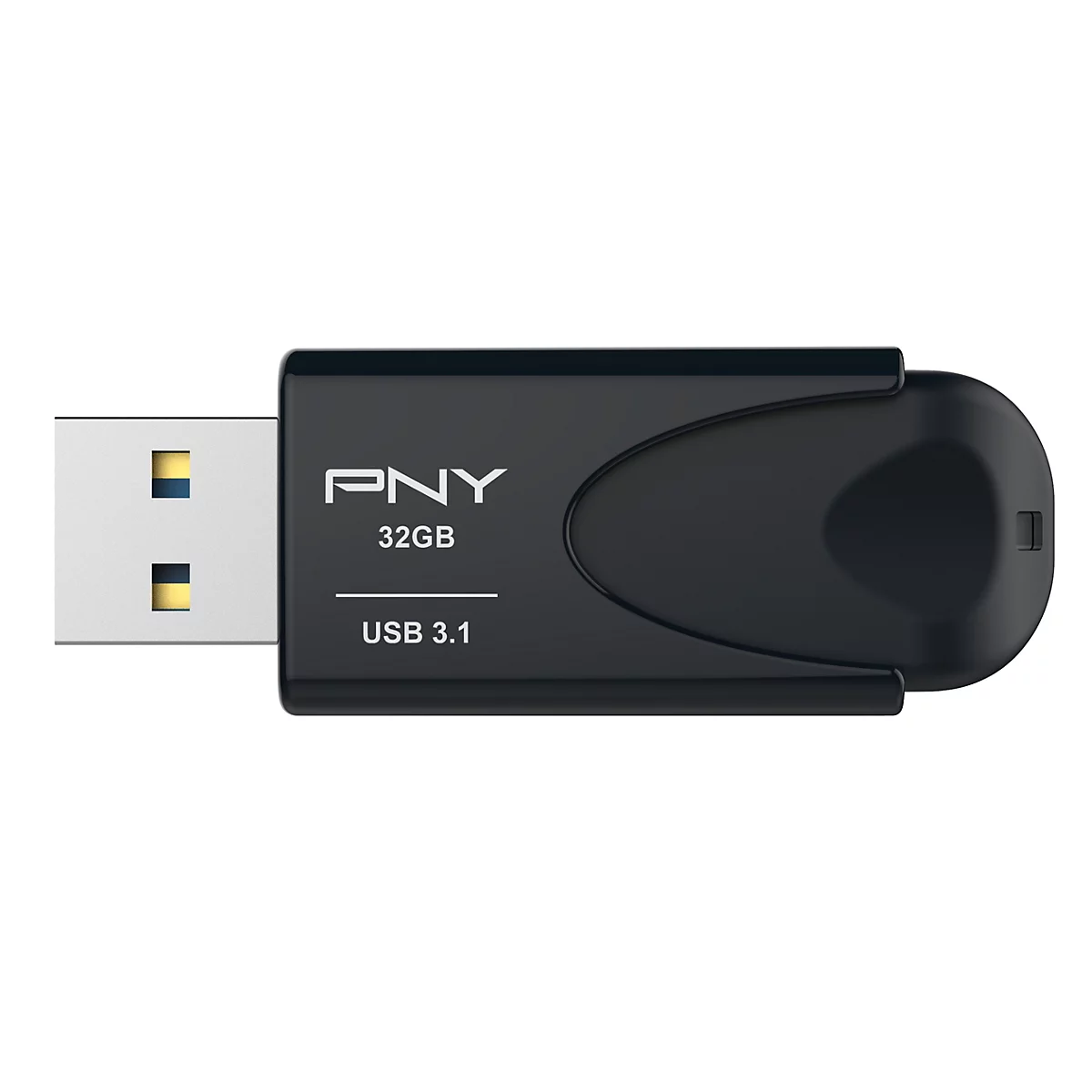 Clé USB PNY noire, 32 Go, USB 3.1, sur fond blanc.