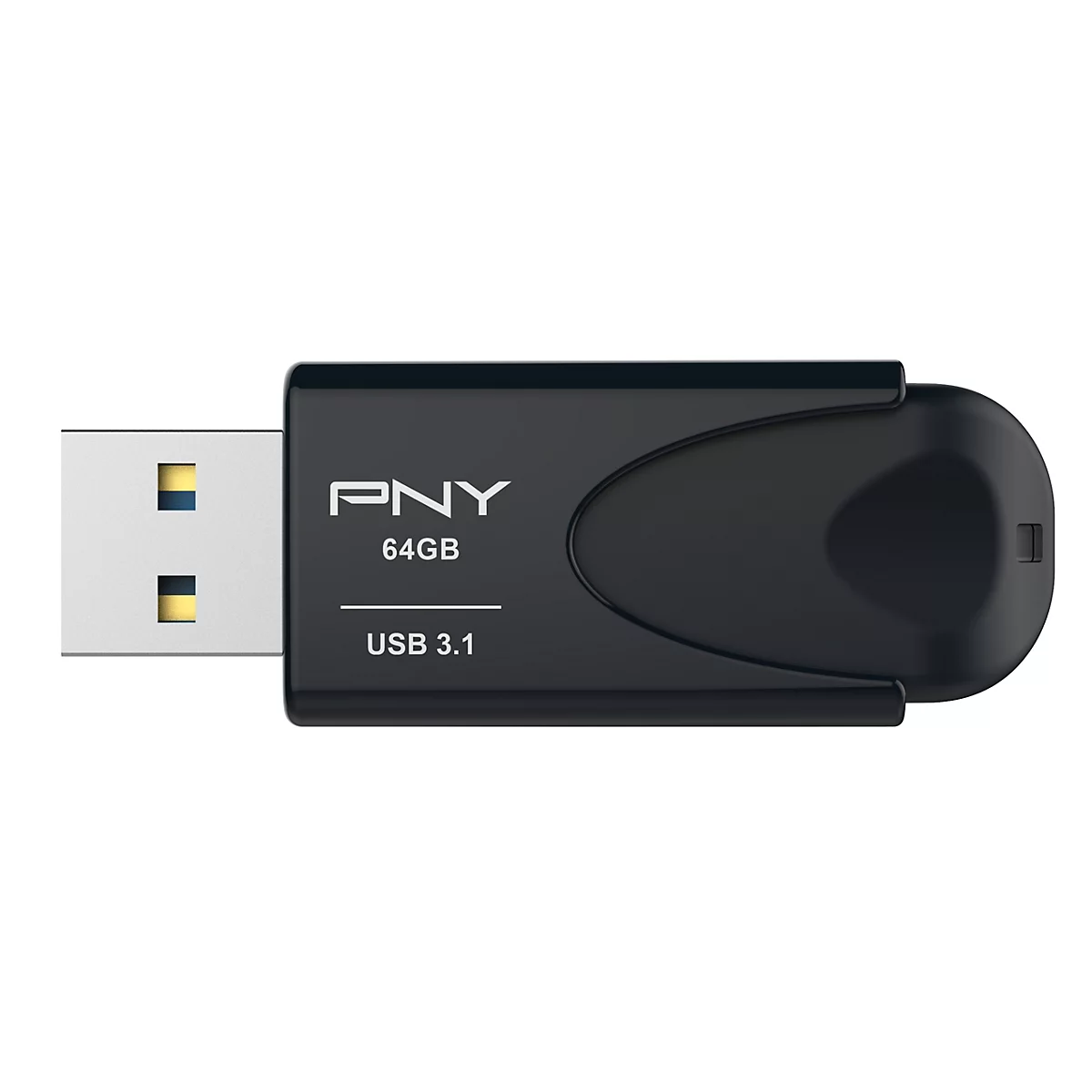 Clé USB noire avec inscription blanche de PNY, 64 Go et USB 3.1, sur fond blanc.