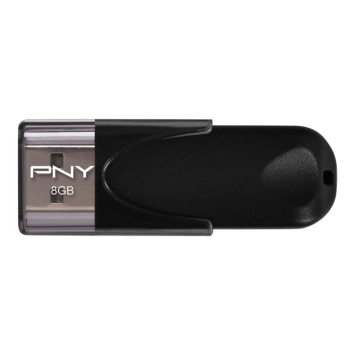 Clé USB noire, marque PNY, capacité de stockage de 8 Go.
