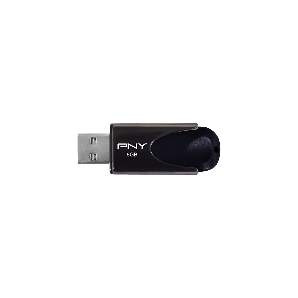 Clé USB PNY noire, 8 Go. Connecteur USB rectangulaire, boîtier noir avec logo PNY et capacité.