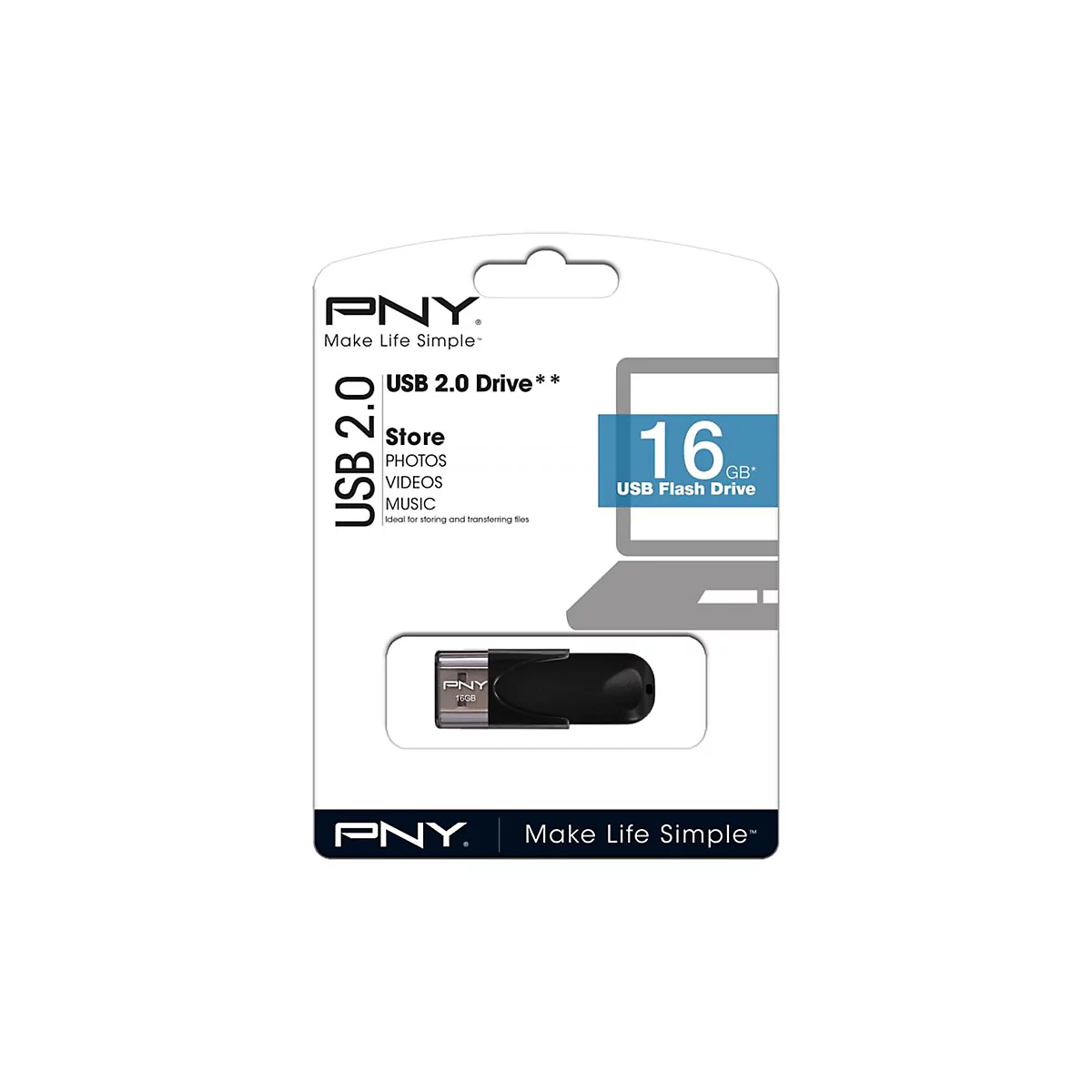 Eine schwarze USB-Stick Verpackung. Auf der Verpackung ist eine Abbildung des USB-Sticks sowie Informationen zur SpeicherkapazitÃ¤t und zum Hersteller abgebildet.