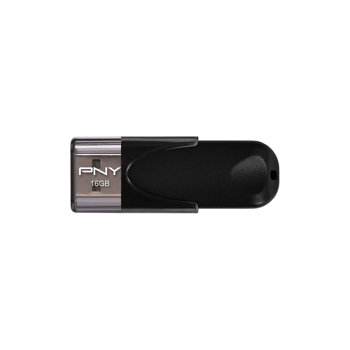 Schwarzer USB-Stick, mit Schriftzug PNY 16GB. RÃ¼ckseite abgerundet.