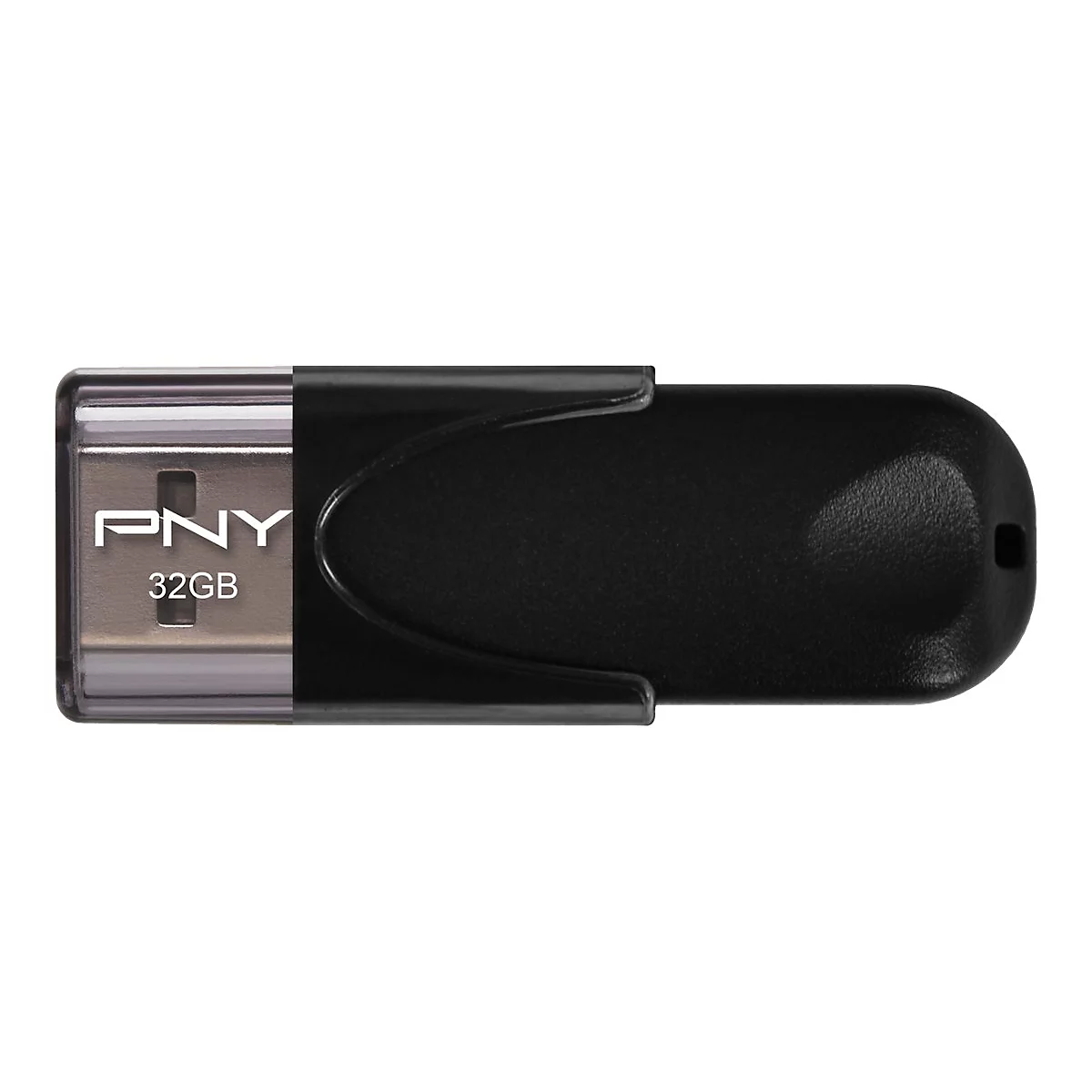 Schwarzer USB-Stick von PNY, 32 GB, mit silbernem USB-Anschluss, vor weiÃŸem Hintergrund.