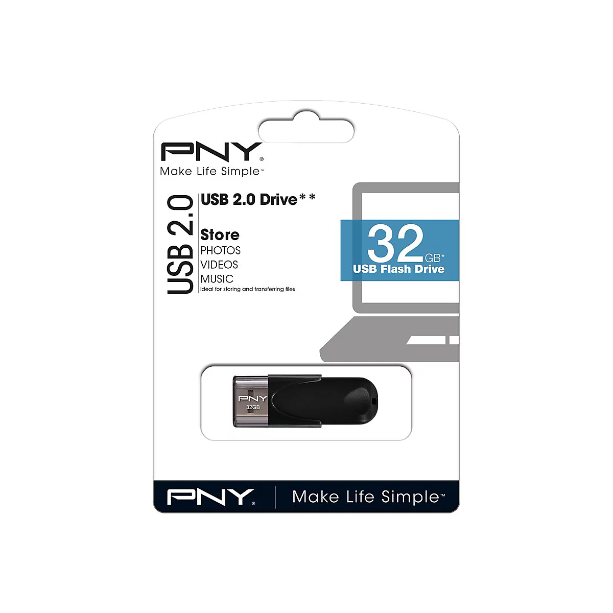 Schwarzer USB-Stick von PNY in der Verpackung, mit Aufdrucken von Logo, Produkttyp und SpeicherkapazitÃ¤t.