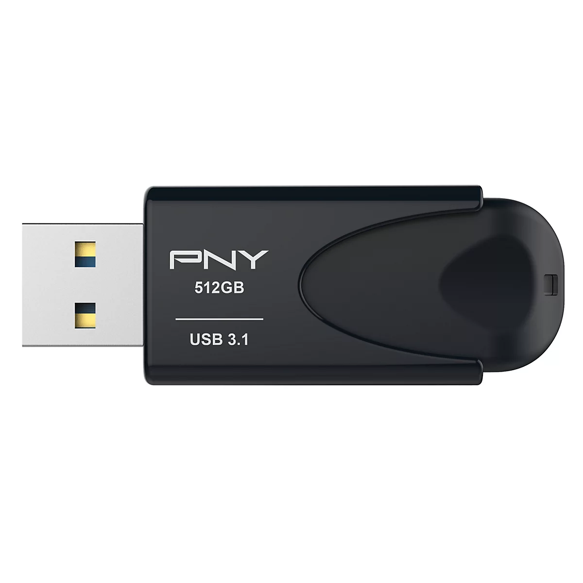 Schwarzer USB-Stick von PNY, 512 GB, mit USB 3.1-Anschluss.