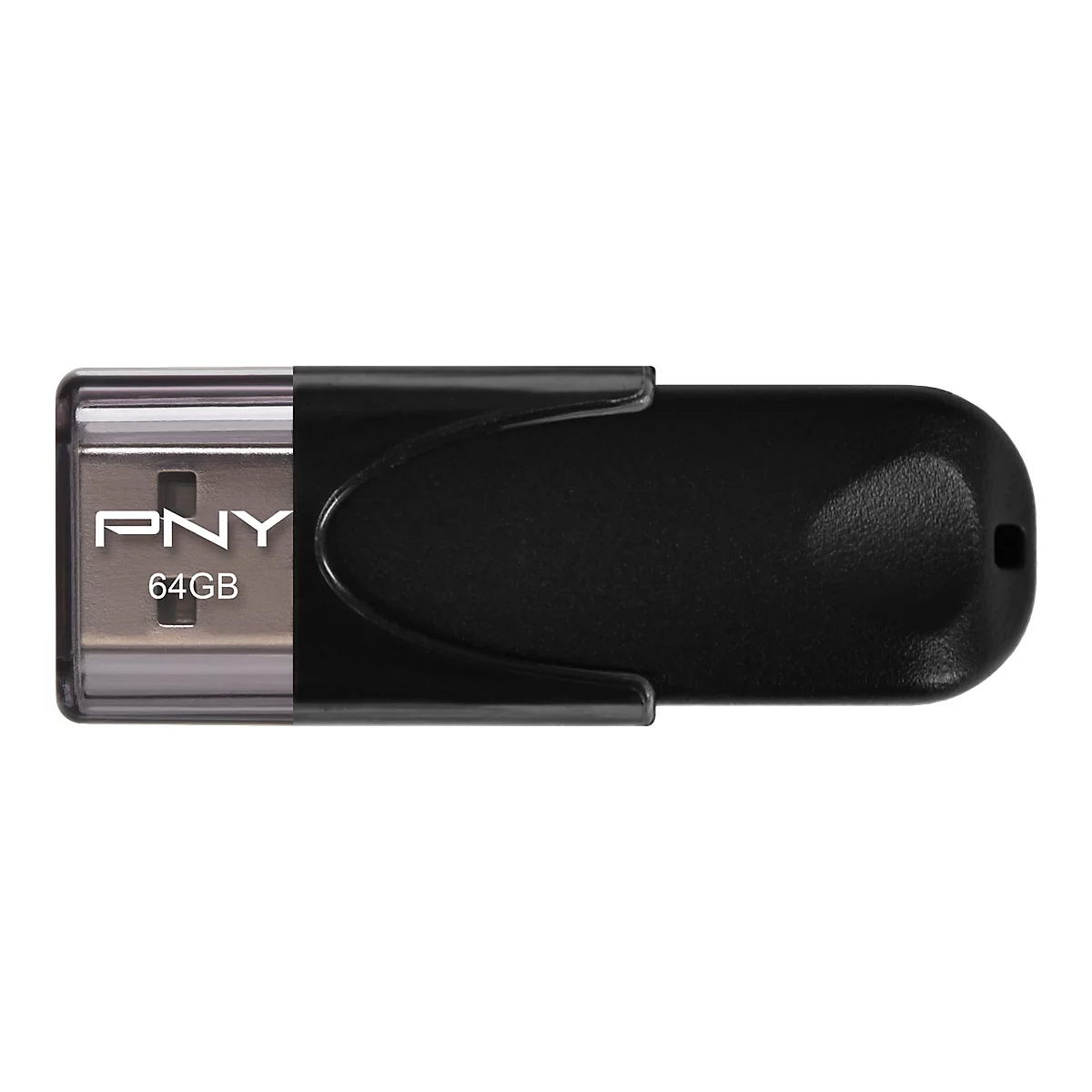 Ein schwarzer USB-Stick von PNY mit 64GB Speicherkapazität, vor weißem Hintergrund.
