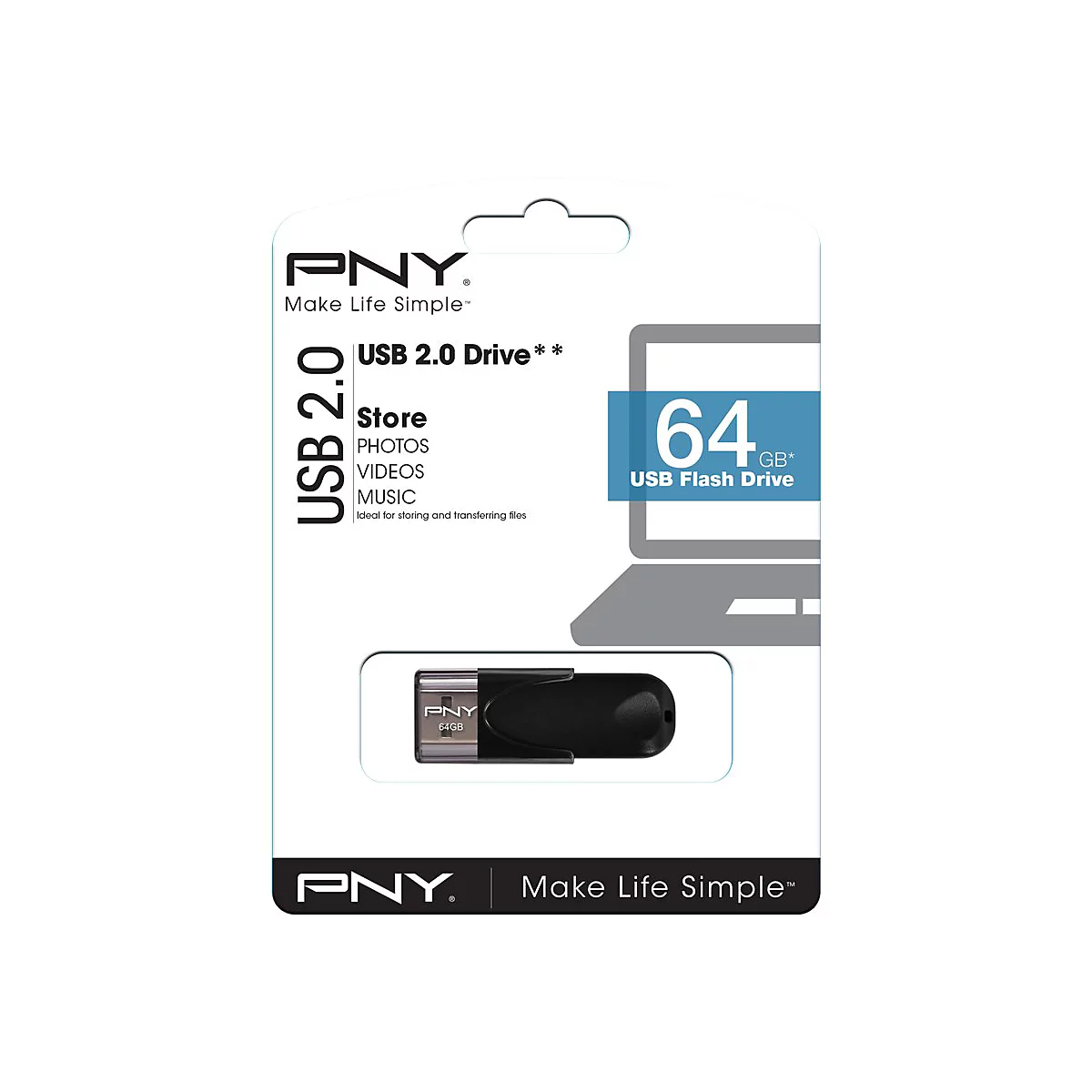 Verpackung einer schwarzen PNY USB 2.0 Flash Drive mit 64 GB. Auf der Verpackung steht Store PHOTOS VIDEOS MUSIC.