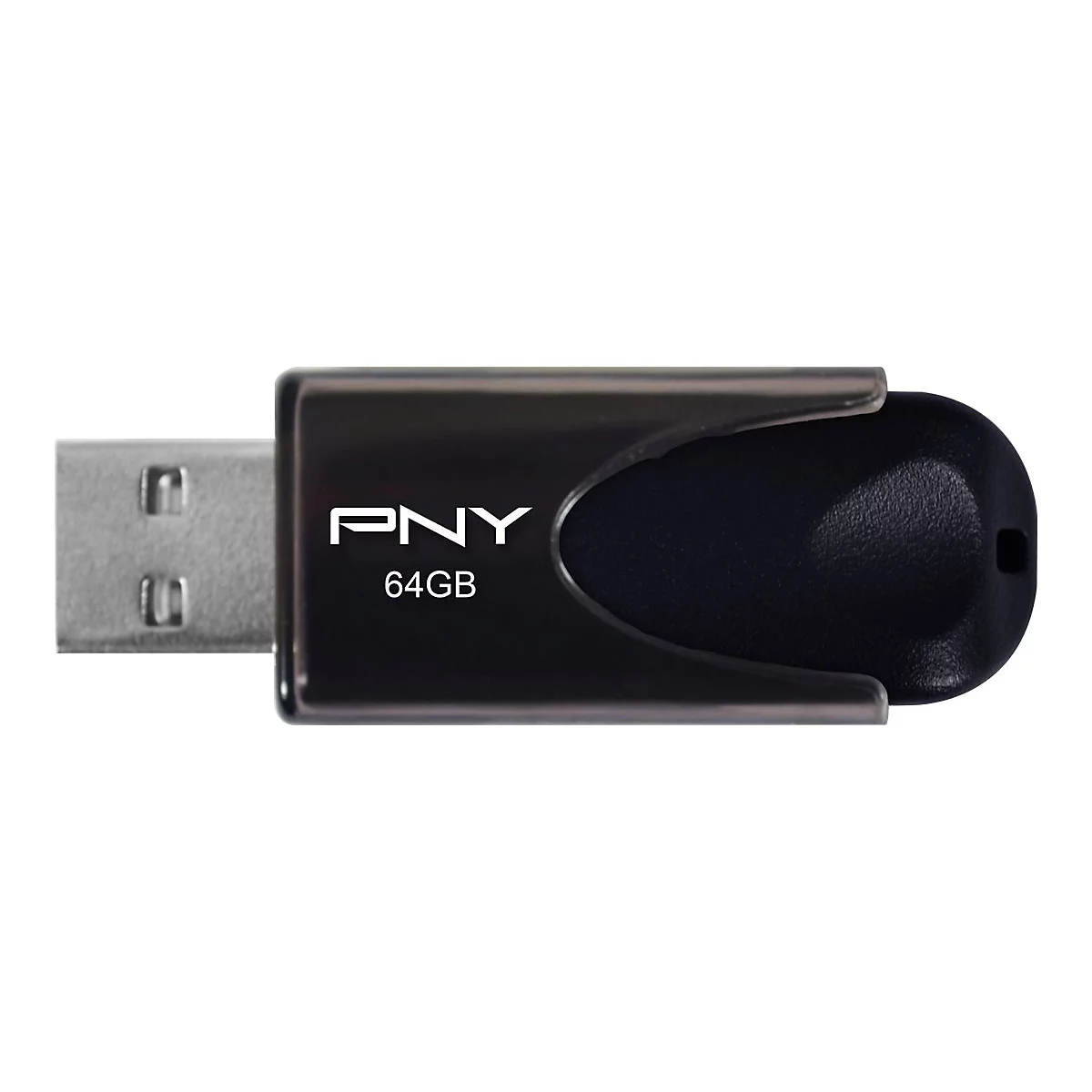 Schwarzer USB-Stick mit silbernem USB-A Stecker. Auf dem Stick steht in weiÃŸer Schrift PNY 64GB.
