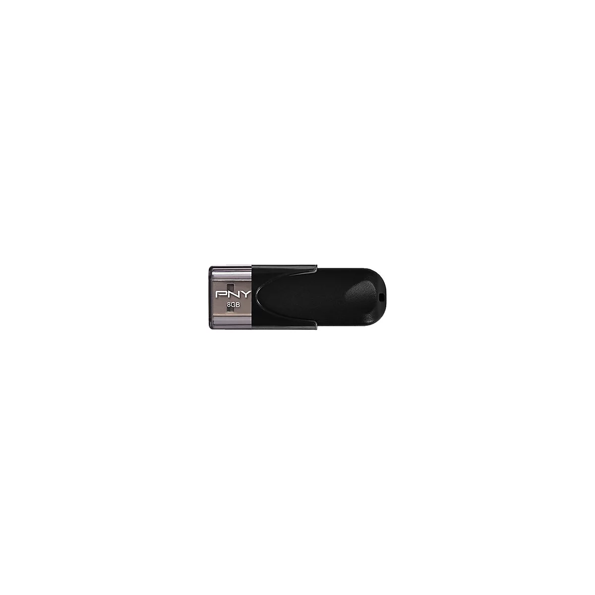 Schwarzer USB-Stick mit PNY-Logo und 8GB Aufdruck.