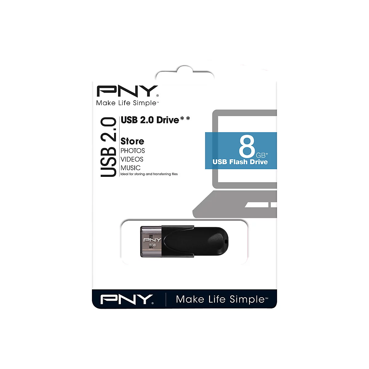Schwarzer USB-Stick in Verpackung. Schriftzug: PNY, USB 2.0, 8 GB, Store, Fotos, Videos, Musik.