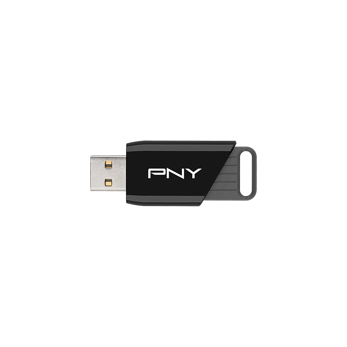 Schwarzer USB-Stick mit PNY-Logo und grauem Aufhänger.
