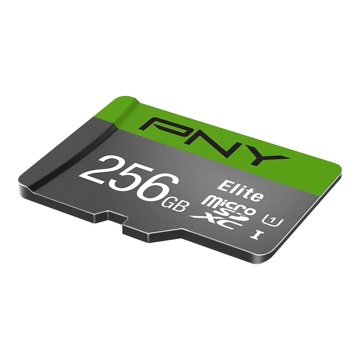 Une carte micro SD PNY, 256 Go, noire et verte, avec du texte blanc.