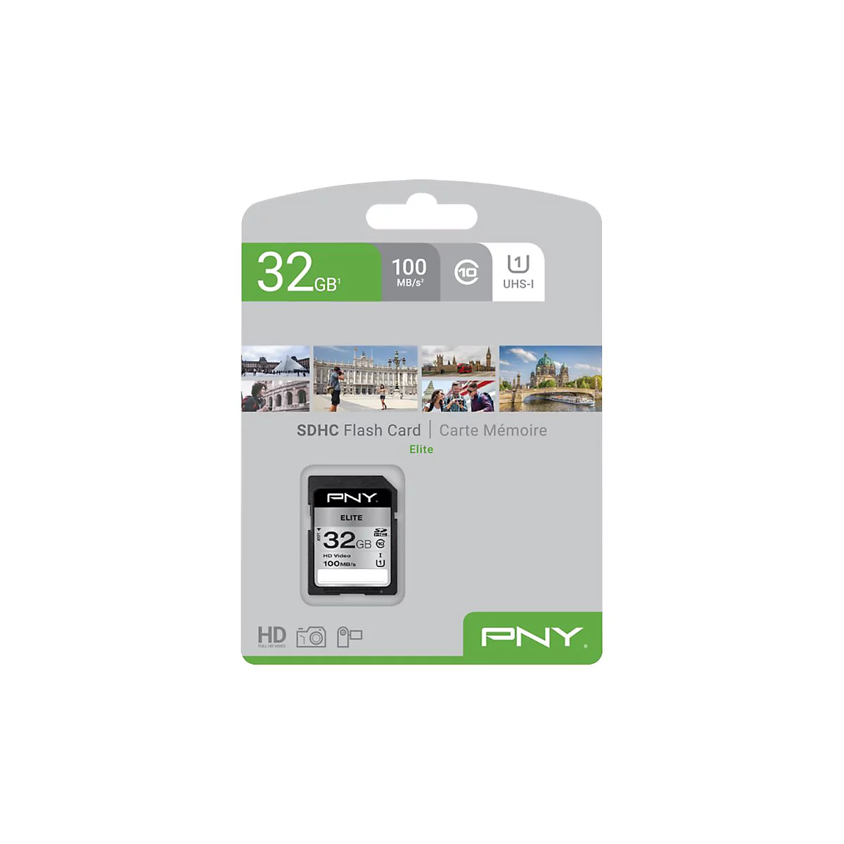 Carte SD PNY dans un emballage gris-vert. Étiquettes : 32 Go, 100 Mo/s, carte flash SDHC.