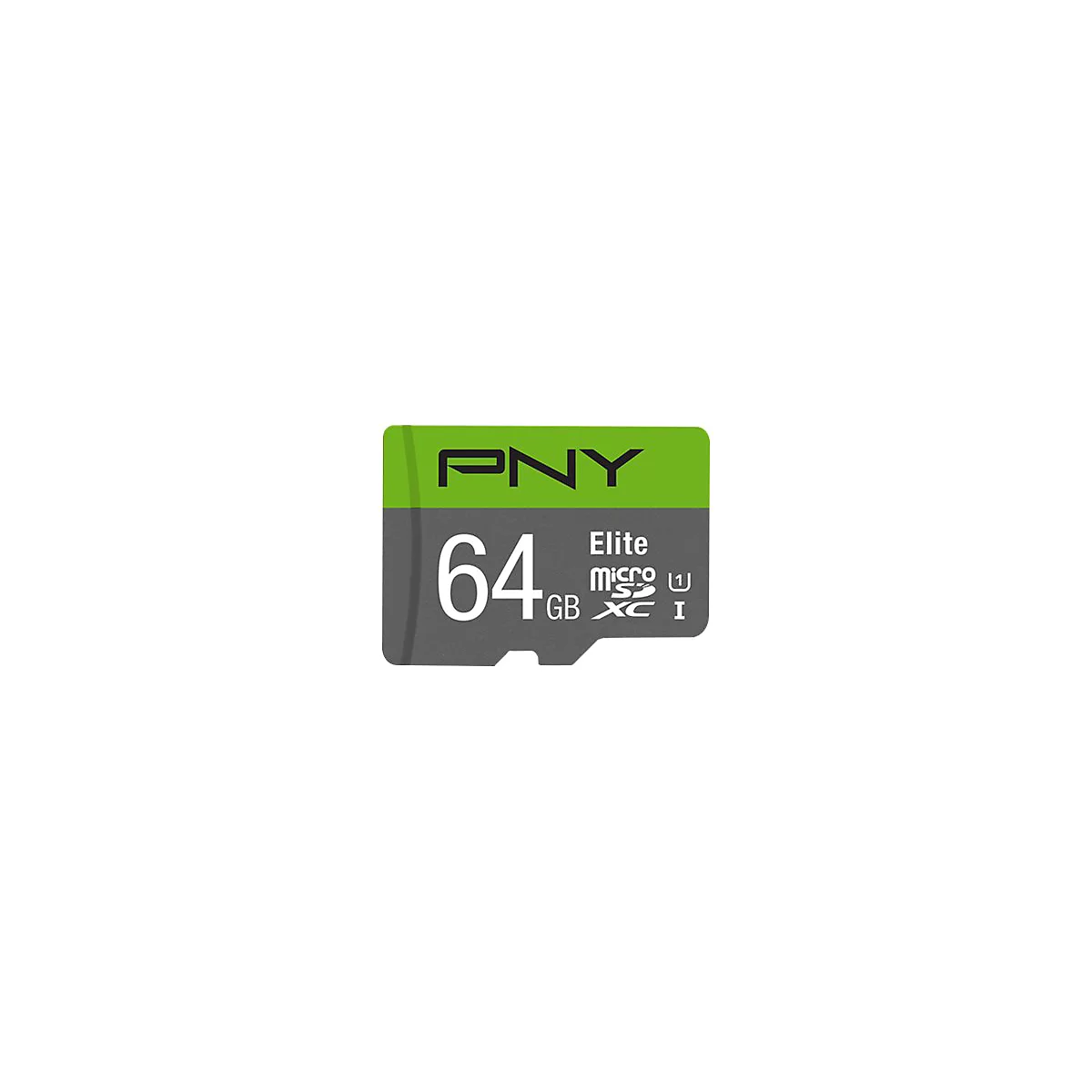 Une carte microSD PNY, 64 Go, vert-gris avec logos et texte.