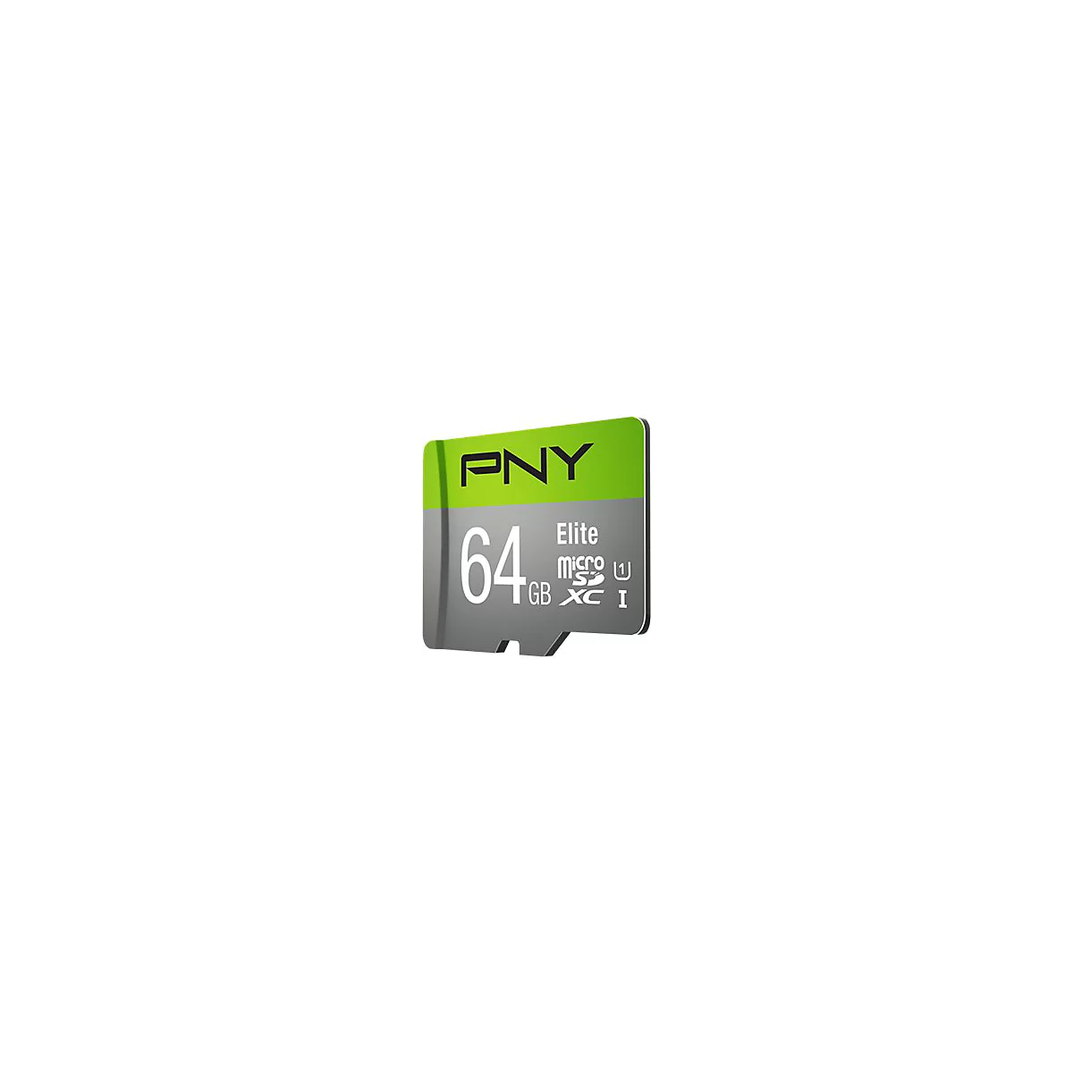 Une carte mémoire micro SDXC PNY Elite avec une capacité de 64 Go, un schéma de couleurs gris et vert, et des lettres blanches.