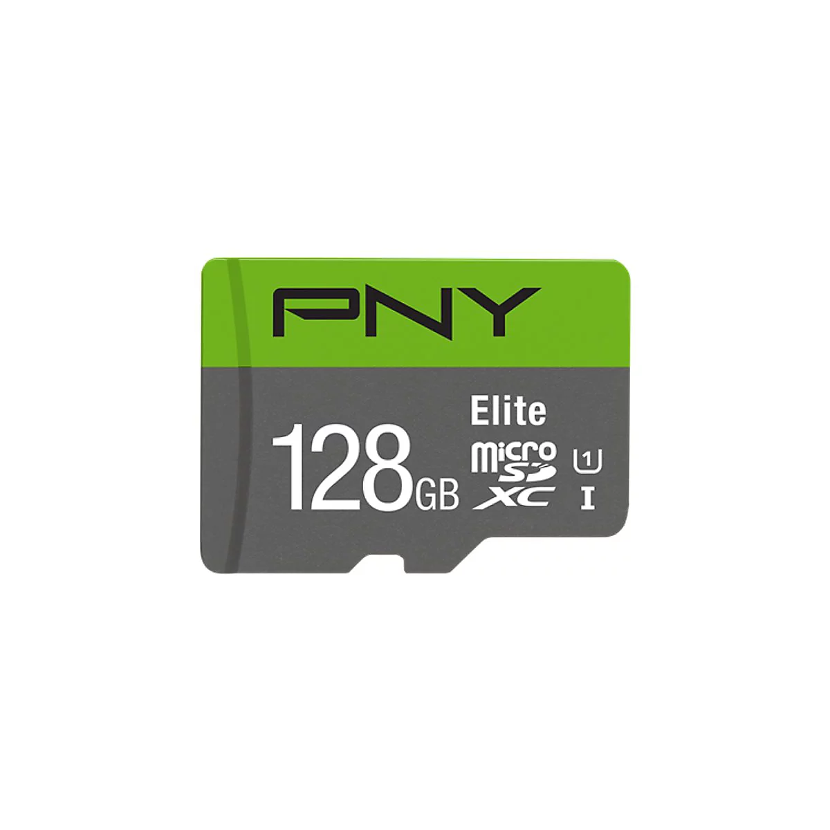 Eine PNY Elite Micro SDXC Speicherkarte. Sie ist grau und grün, mit 128GB Aufschrift.