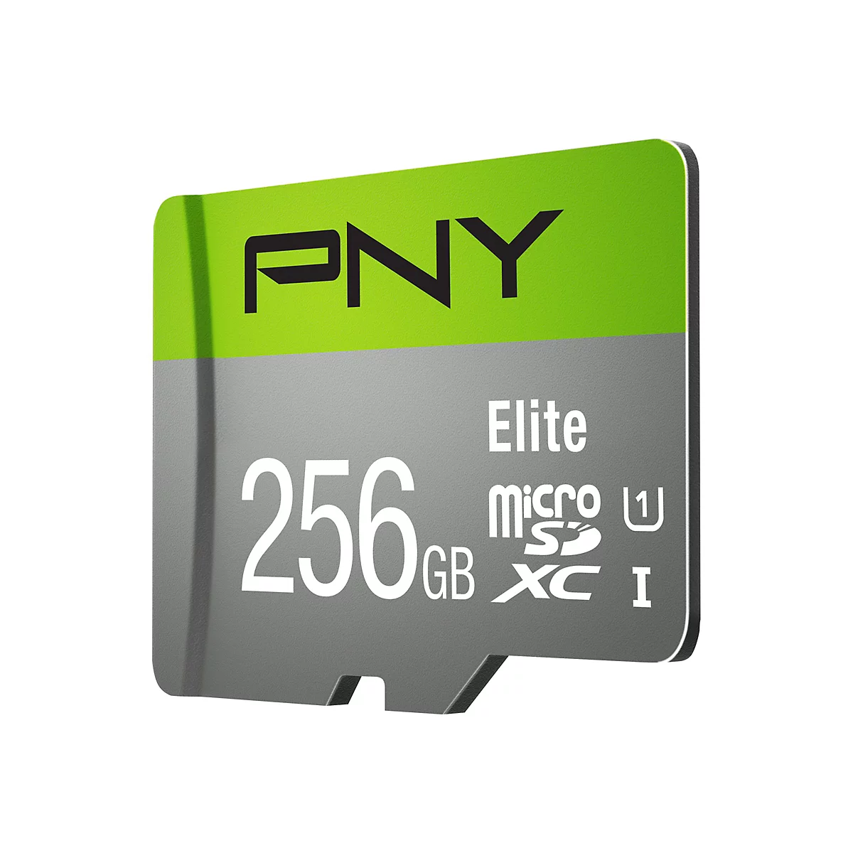 Eine Micro SD-Karte mit der Aufschrift PNY Elite 256GB. Die Karte hat einen grünen und grauen Bereich.