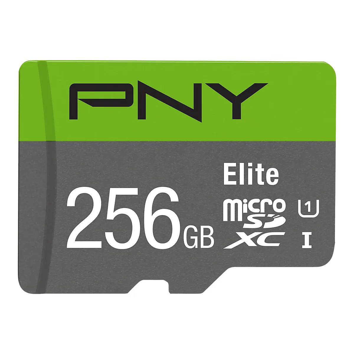 Graue MicroSD-Karte mit weißem 'PNY'-Logo und Aufschrift '256GB Elite micro SDXC I'. Oben grün hinterlegt.