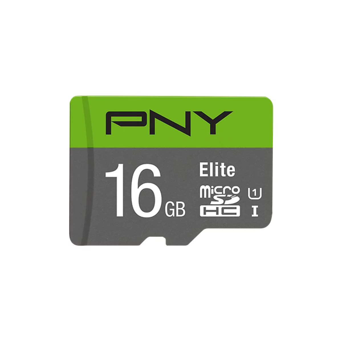 Mikro-SD-Karte von PNY mit 16 GB SpeicherkapazitÃ¤t. Schwarz-graues Design mit grÃ¼ner oberer Leiste.
