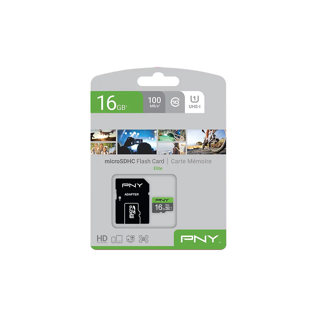 MicroSDHC-Karte in Verpackung. Mit 16 GB Speicher, 100 MB/s und PNY-Logo.
