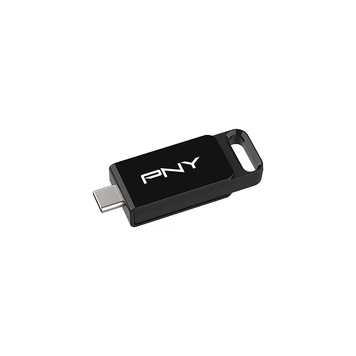 Schwarzer USB-Stick mit "PNY"-Logo. Das Design weist einen USB-C-Anschluss und eine Öse zur Befestigung auf.