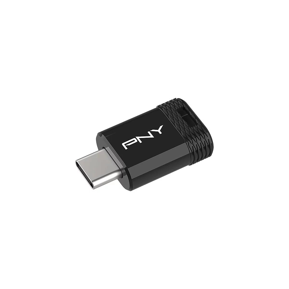 Schwarzer USB-C-Adapter mit PNY-Logo und geriffelter Oberseite. Silberner Anschluss.