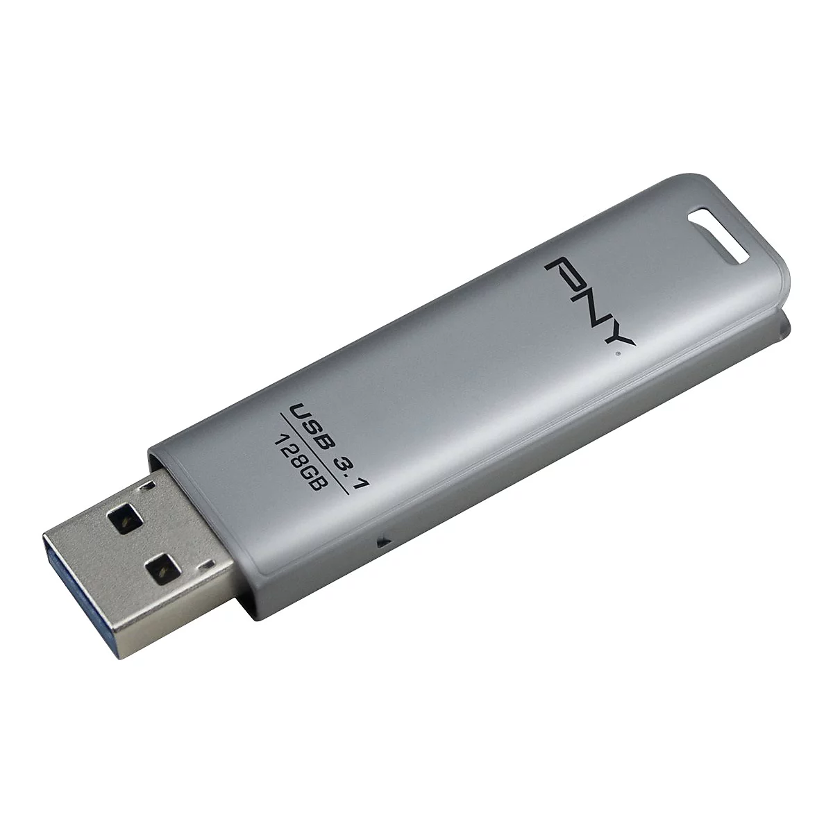 Clé USB argentée avec l'inscription "USB 3.1 128GB".