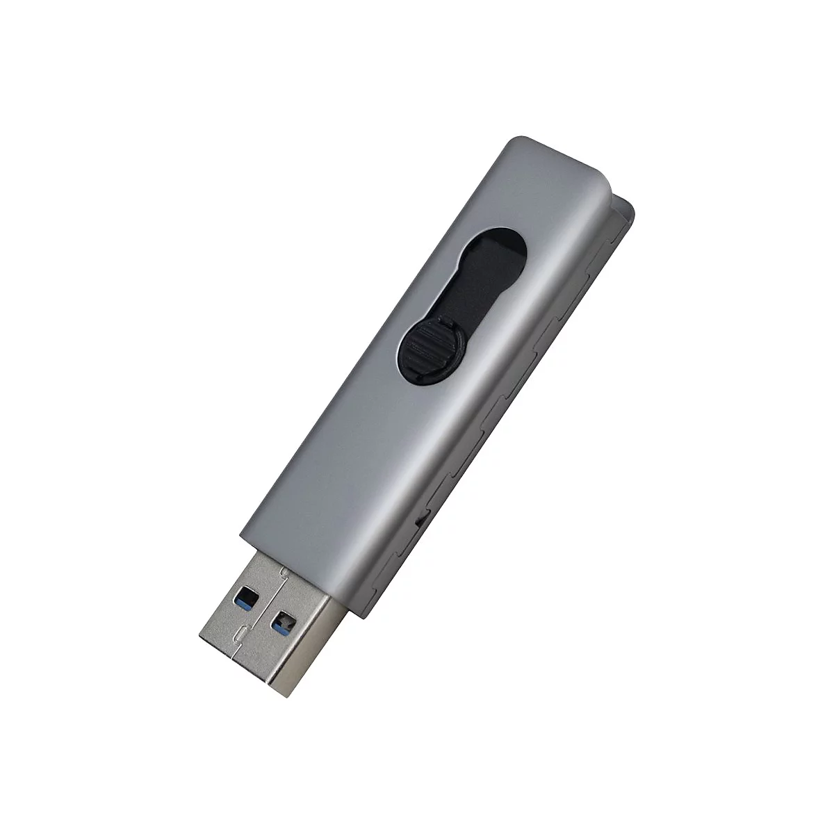 Clé USB argentée. Il y a un curseur et un bouton noirs sur le dessus. Le connecteur est en bas.
