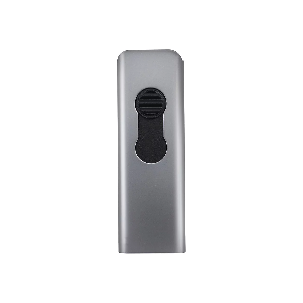 Objet gris, oblong, avec un renfoncement ovale et un élément noir et rond.