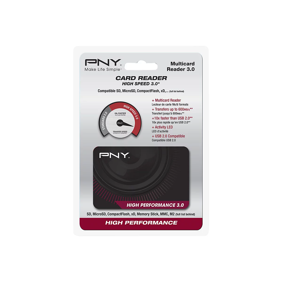 Produktverpackung mit einem PNY Card Reader. Auf der Verpackung stehen Produktnamen und technische Daten.