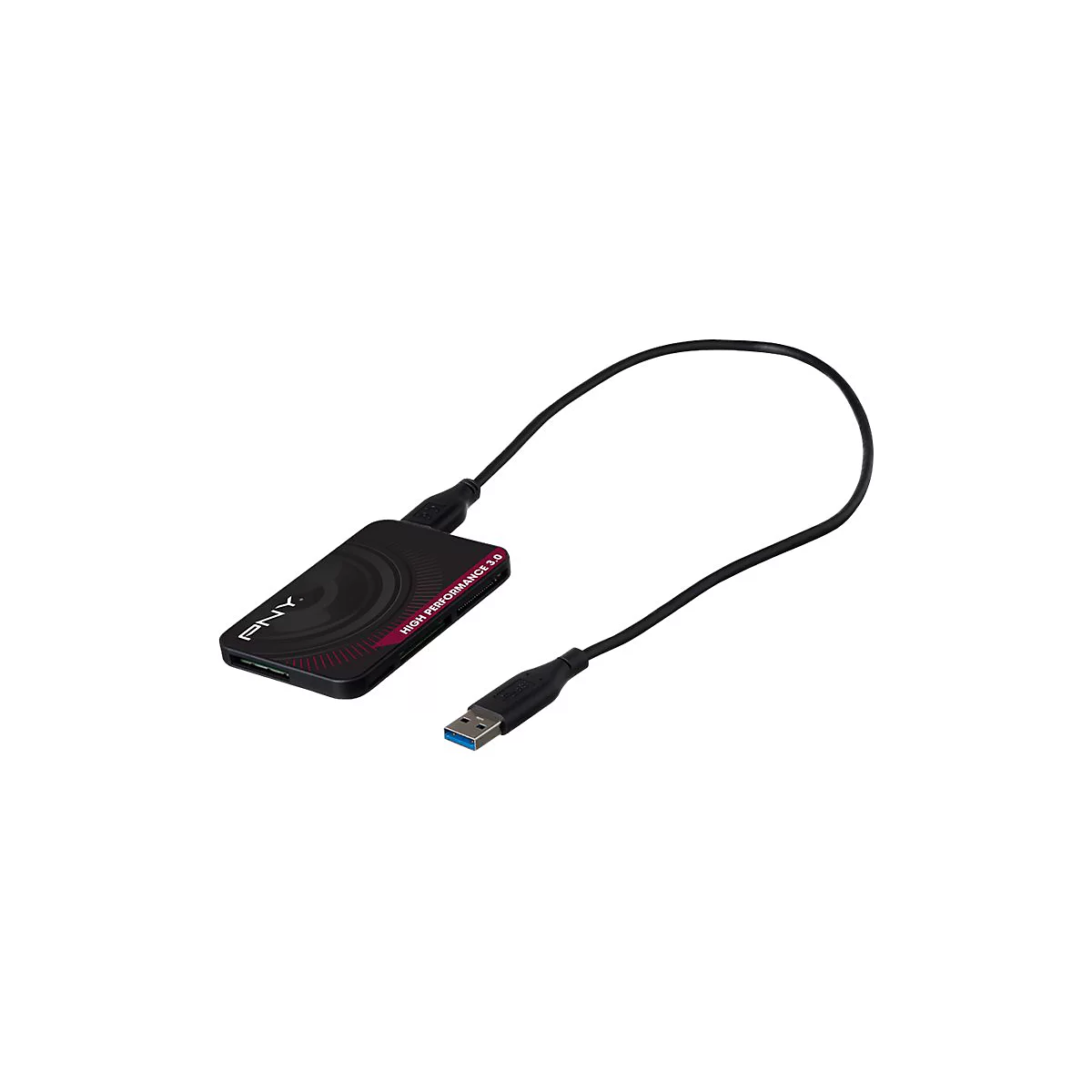 Schwarzer PNY-Kartenleser mit USB-Kabel. Aufschrift: High Performance 3.0.