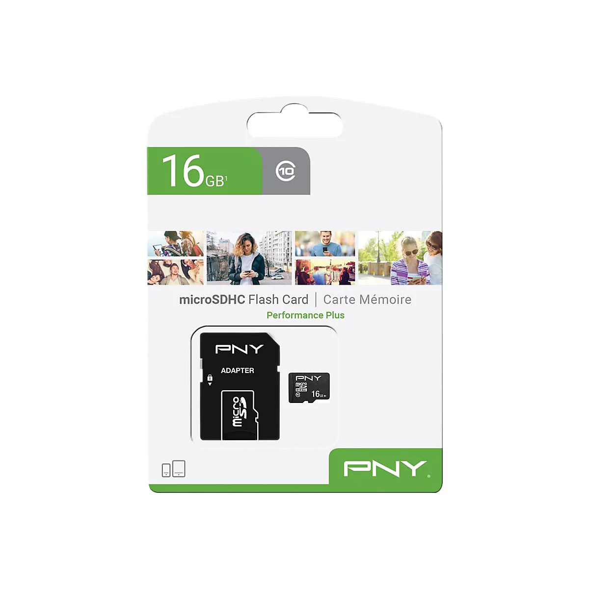 SD-Karte in schwarzer Verpackung, 16 GB. Aufdruck: microSDHC Flash Card, PNY.