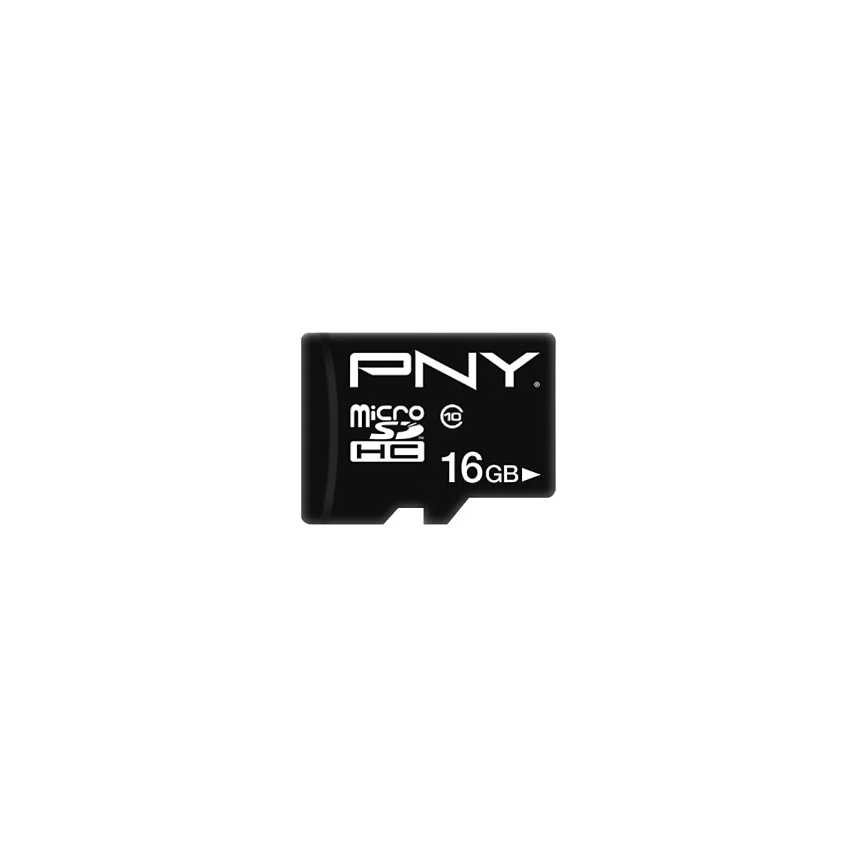 Schwarze PNY Micro SDHC Karte mit weißem Schriftzug und der Aufschrift 16 GB.