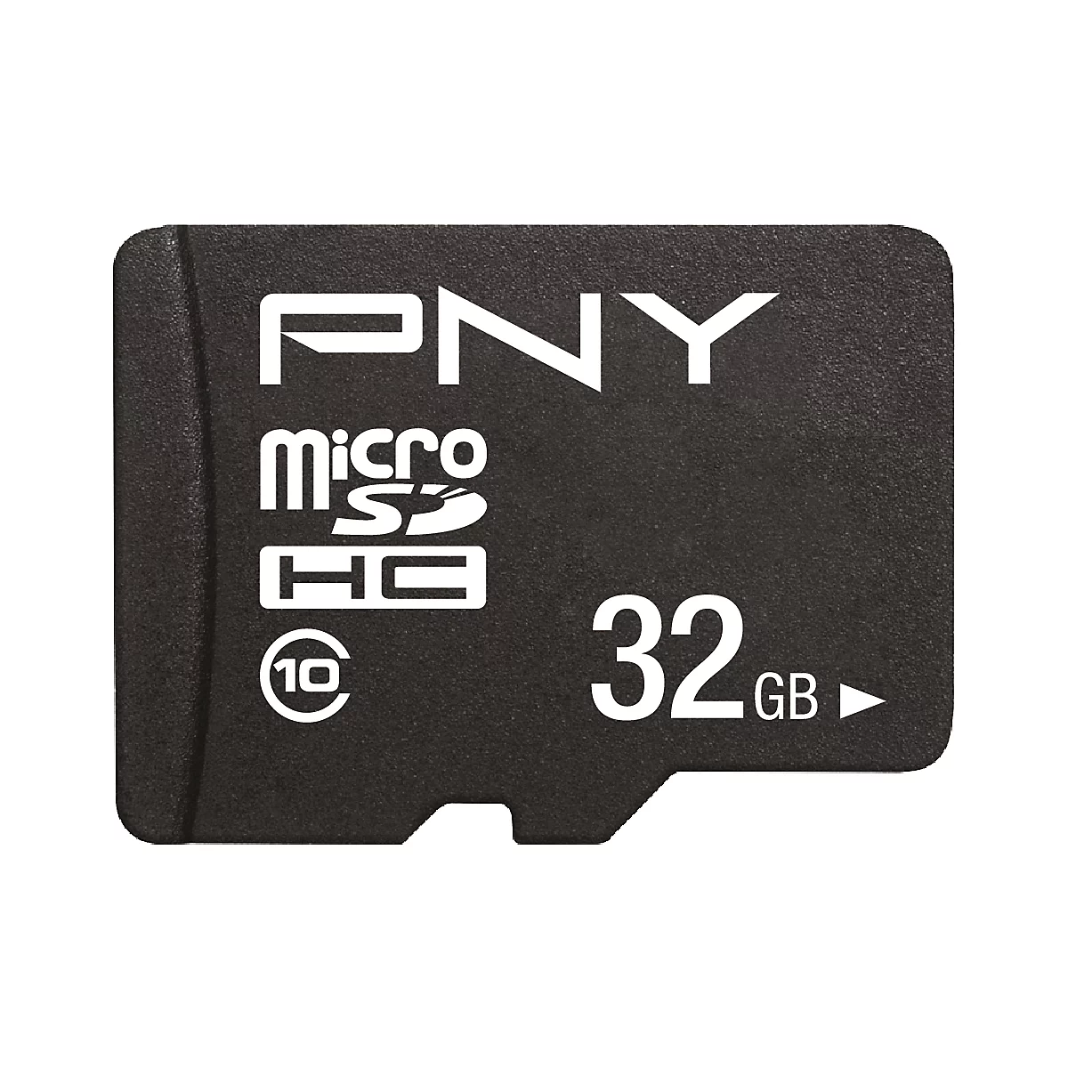 Schwarze Micro-SD-Karte mit weißem PNY-Logo, 'micro SDHC' und 32GB-Schriftzug.