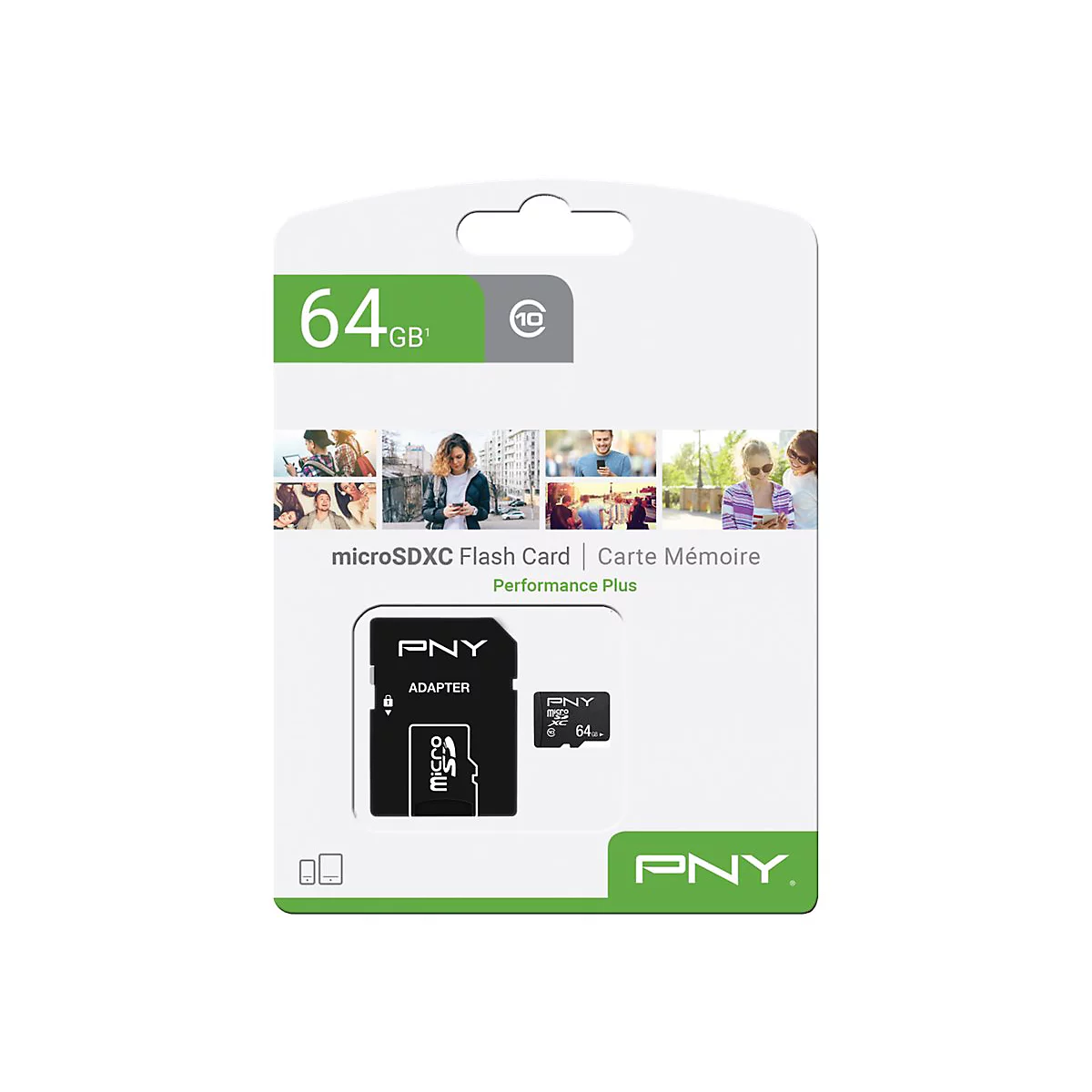 Verpackung einer PNY microSDXC Flash Card, 64 GB, mit Adapter und Produktabbildungen.