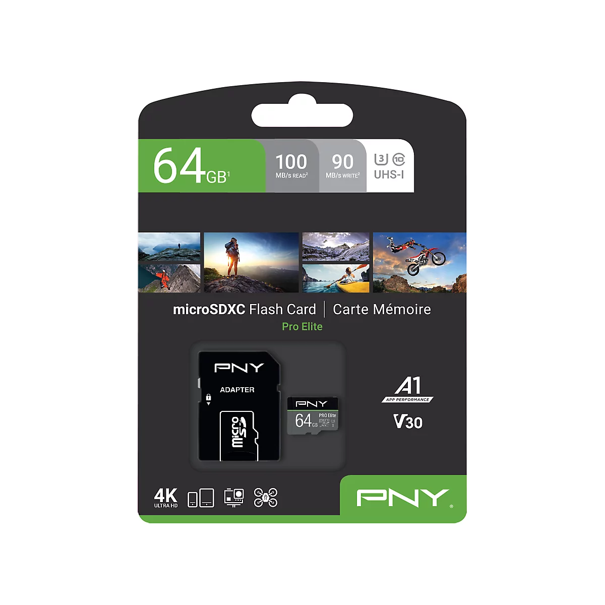Emballage d'une carte mémoire microSDXC PNY Pro Elite de 64 Go, adaptateur et impressions avec données techniques et exemples d'applications.