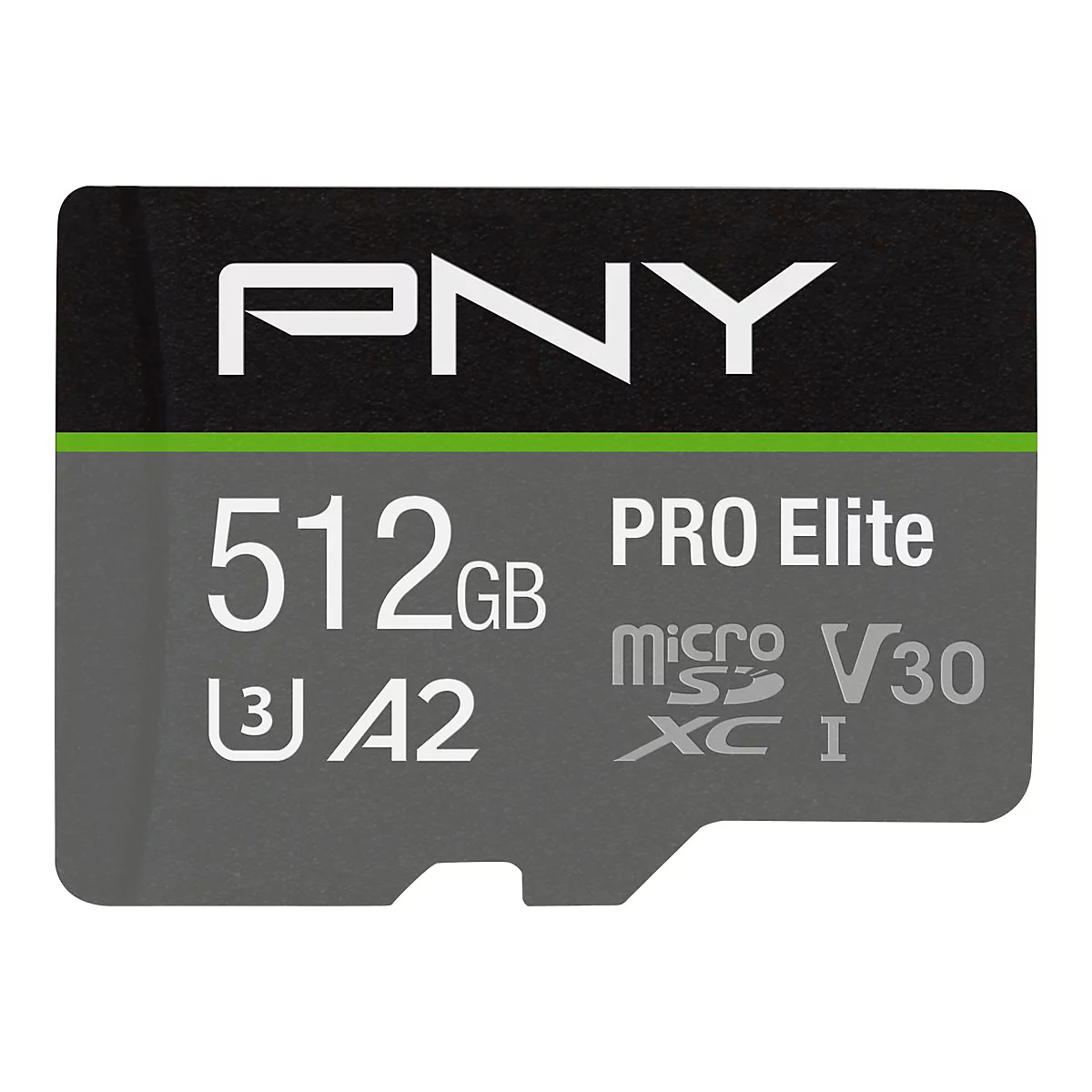 Eine PNY MicroSD-Karte mit der Aufschrift 512GB, PRO Elite, U3 A2, V30.