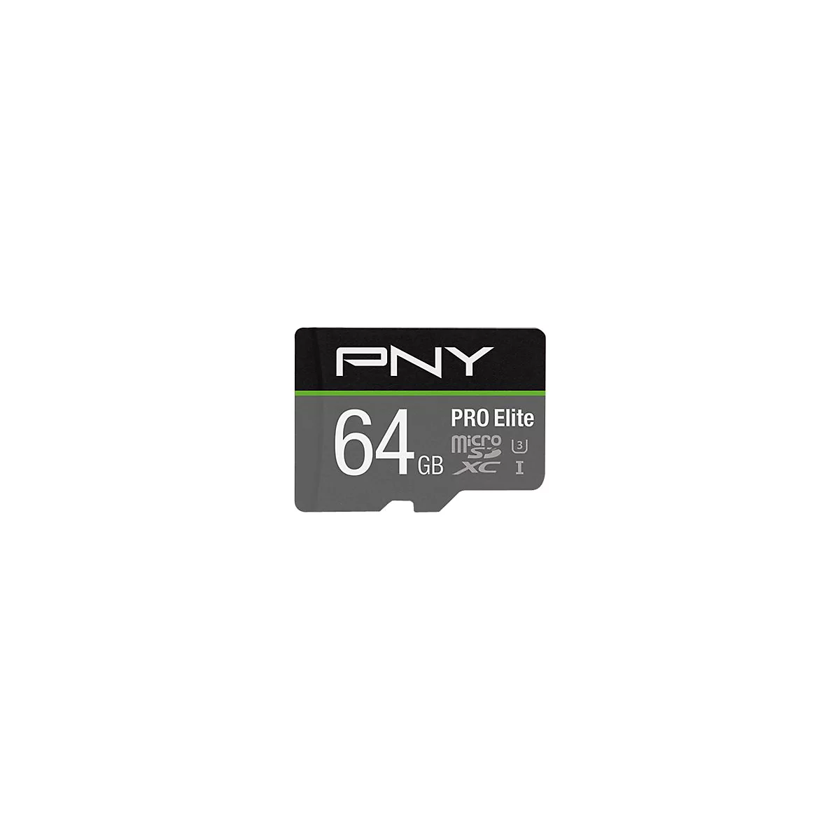 Eine schwarze PNY Micro SD-Karte mit weißer Schrift. Der Text zeigt "PNY", "64 GB" und "PRO Elite".