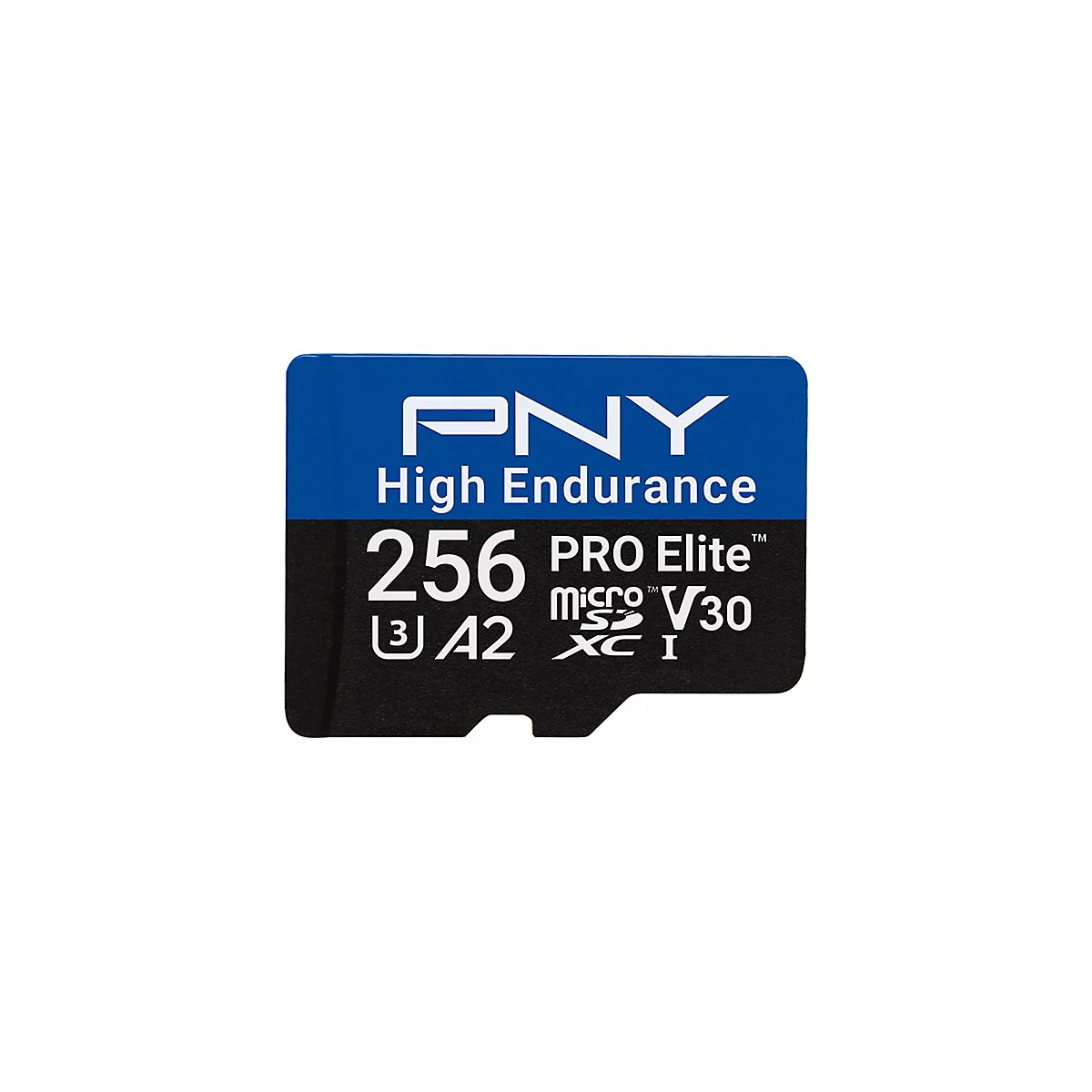Eine blaue und schwarze Micro-SD-Karte mit Aufschrift 'PNY High Endurance 256 PRO Elite'.