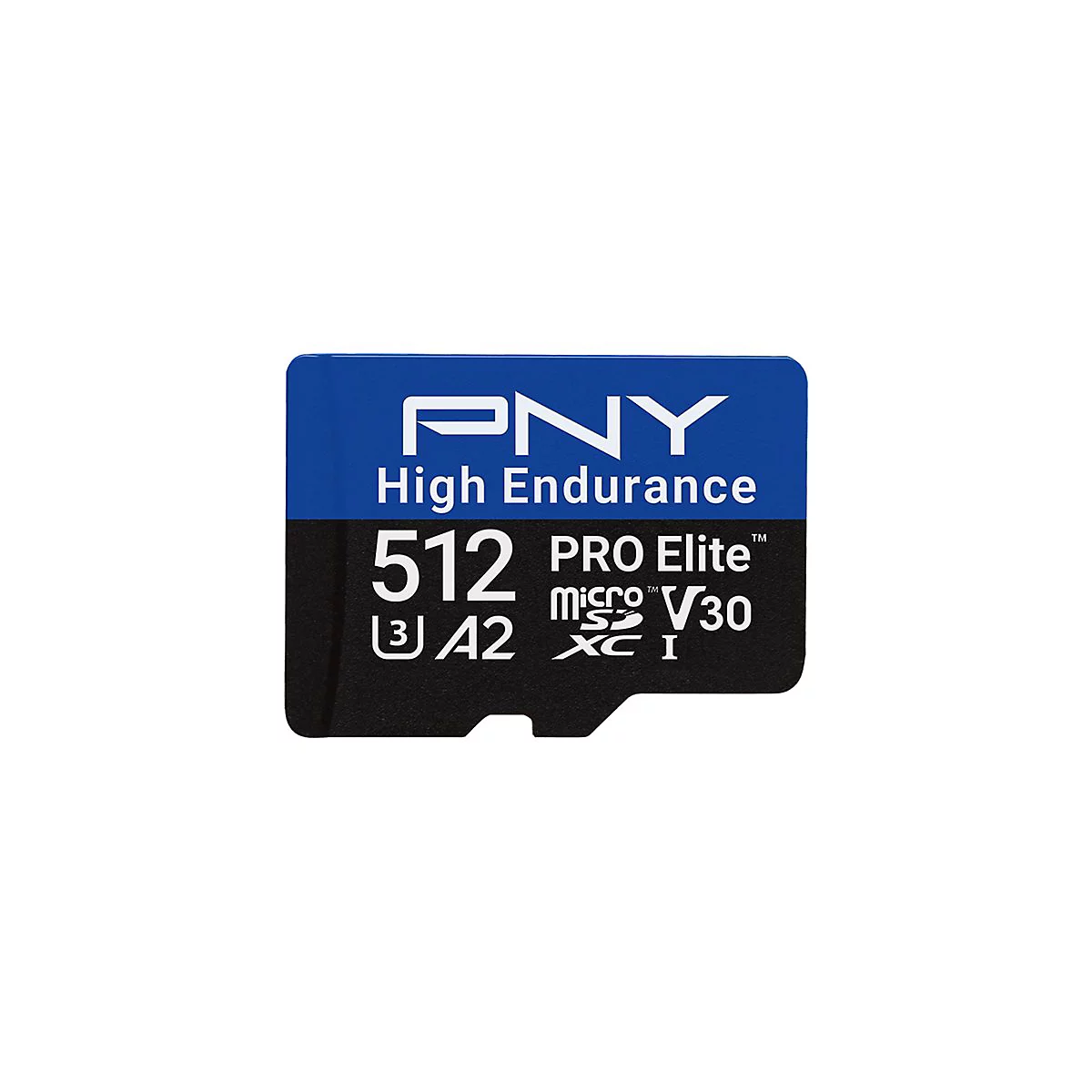 Eine Mikro-SD-Karte in Blau und Schwarz mit der Aufschrift PNY High Endurance 512 PRO Elite V30. Im unteren Bereich steht micro SDXC I.