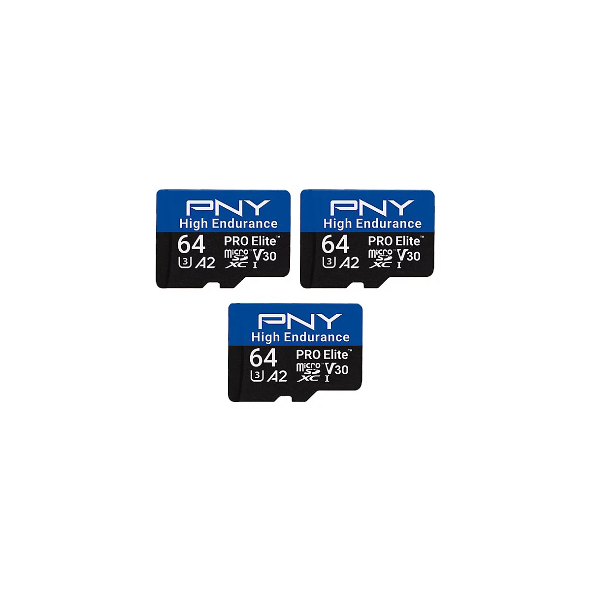 Drei schwarze PNY Micro-SD-Karten mit blauen Akzenten. Aufschrift "High Endurance", "64", "Pro Elite" und "V30".