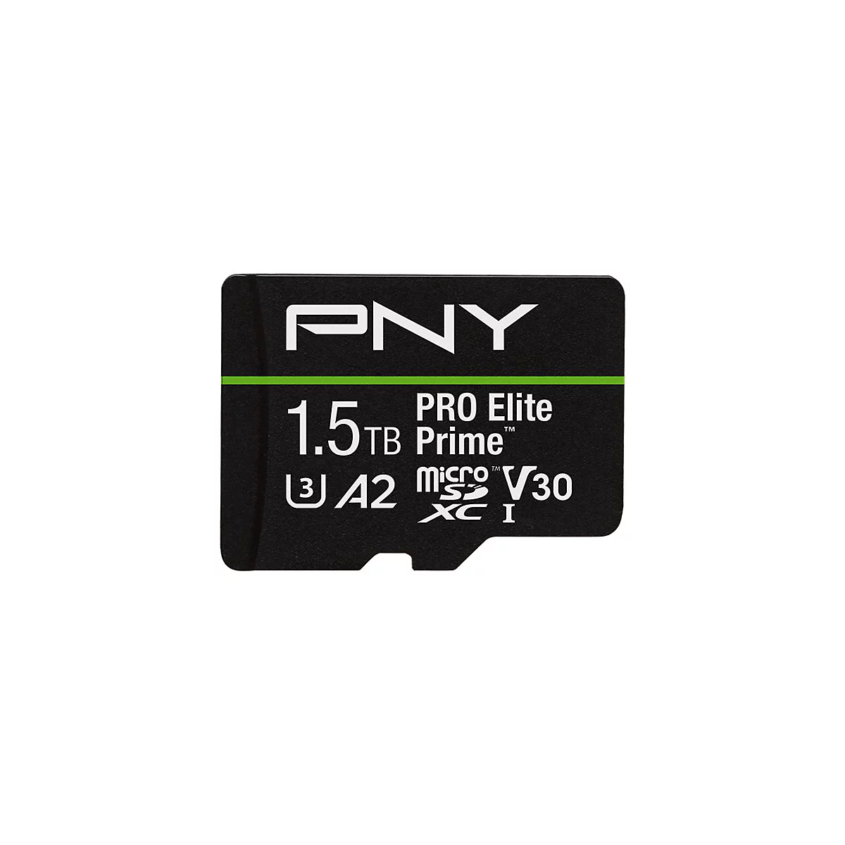 Schwarze PNY-MicroSD-Karte mit weißen Schriftzügen, einschließlich "1,5 TB" und "PRO Elite".