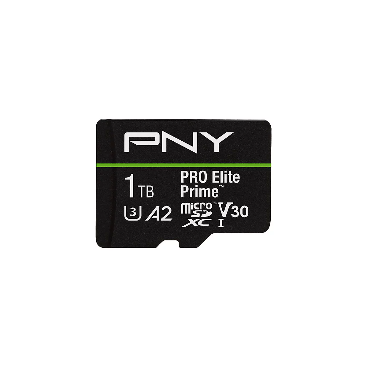 Schwarze PNY MicroSD-Karte mit weißem Logo und grüner Linie, 1 TB Speicherkapazität. Beschriftung: PRO Elite Prime, micro SDXC I, V30, A2.