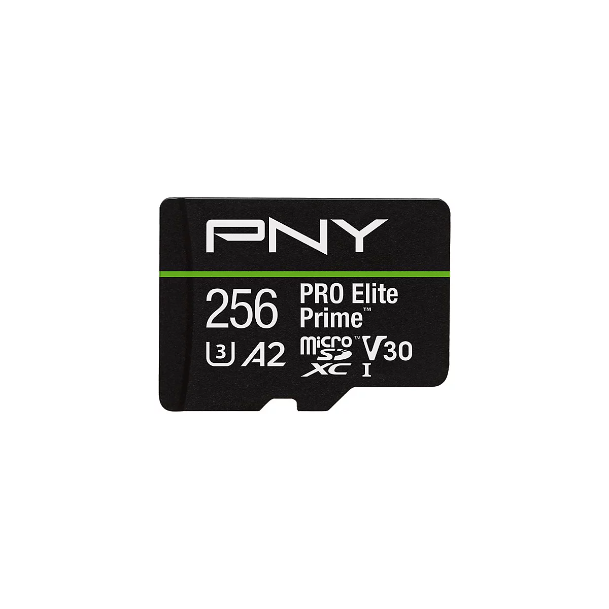 Schwarze SD-Karte mit weißer Aufschrift: PNY, 256, PRO Elite Prime, V30, A2.