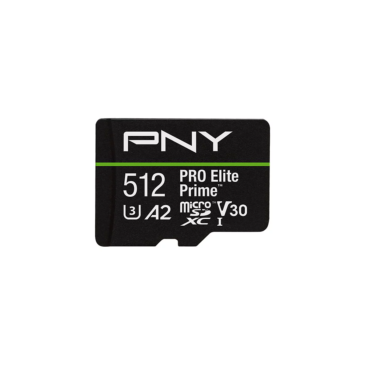 Schwarze microSD-Karte mit grünem Streifen. Aufschrift: PNY, 512, PRO Elite Prime, microSD, V30, XC I, A2.