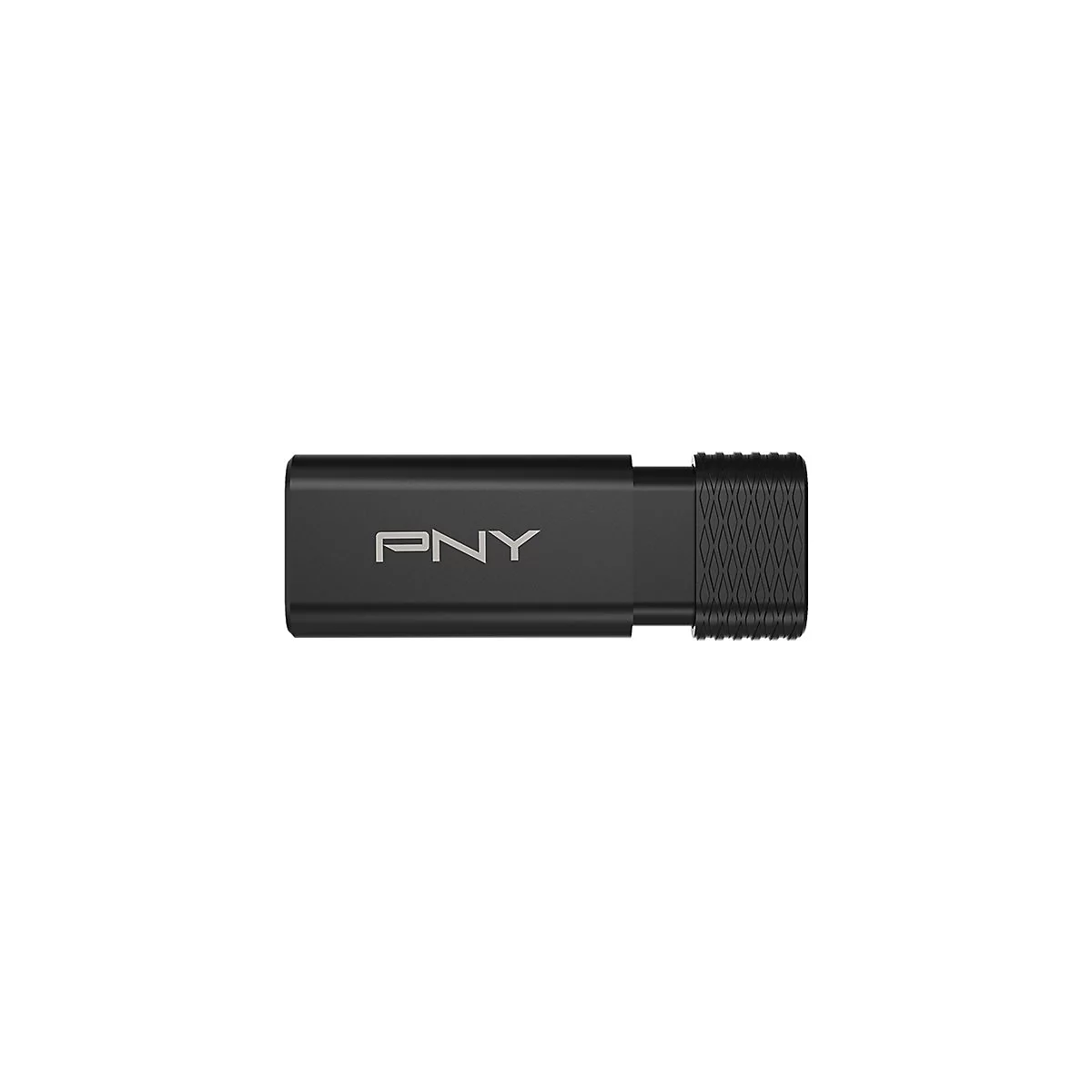 Schwarzer USB-Stick mit PNY-Logo, geriffelte Endkappe.