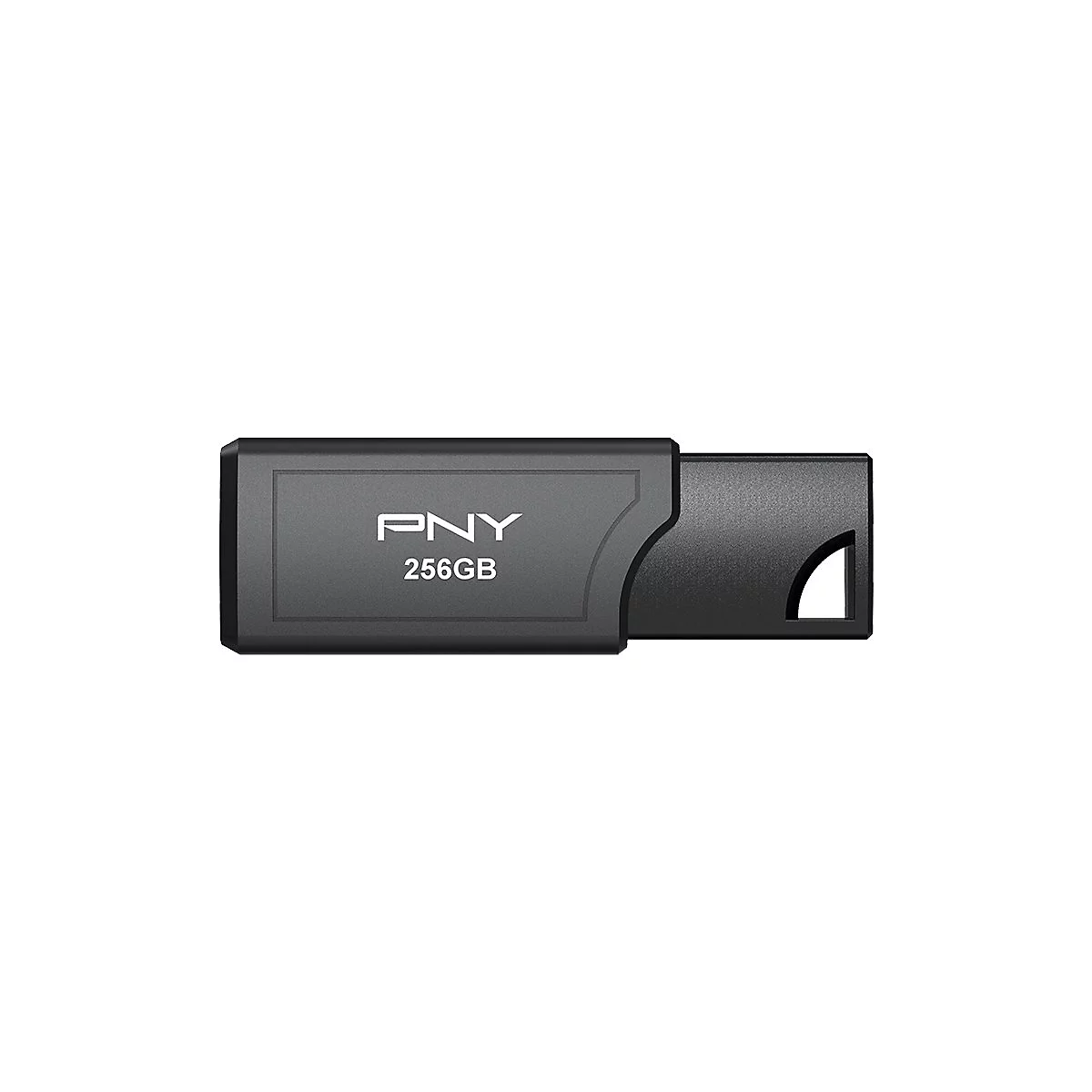 Dunkelgrauer USB-Stick mit der Aufschrift PNY 256GB. Die Aussparung für den Anschluss ist schwarz.